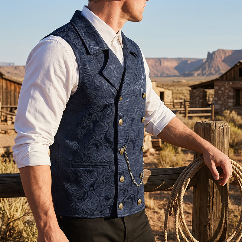 Herren-Anzugweste mit zweireihigem Blumenjacquardmuster und Kettendetail - Marine - 2XL - image 5
