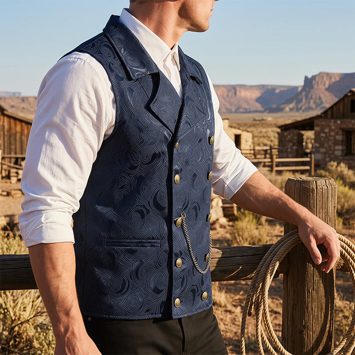 Herren-Anzugweste mit zweireihigem Blumenjacquardmuster und Kettendetail - Marine - 2XL - image 5