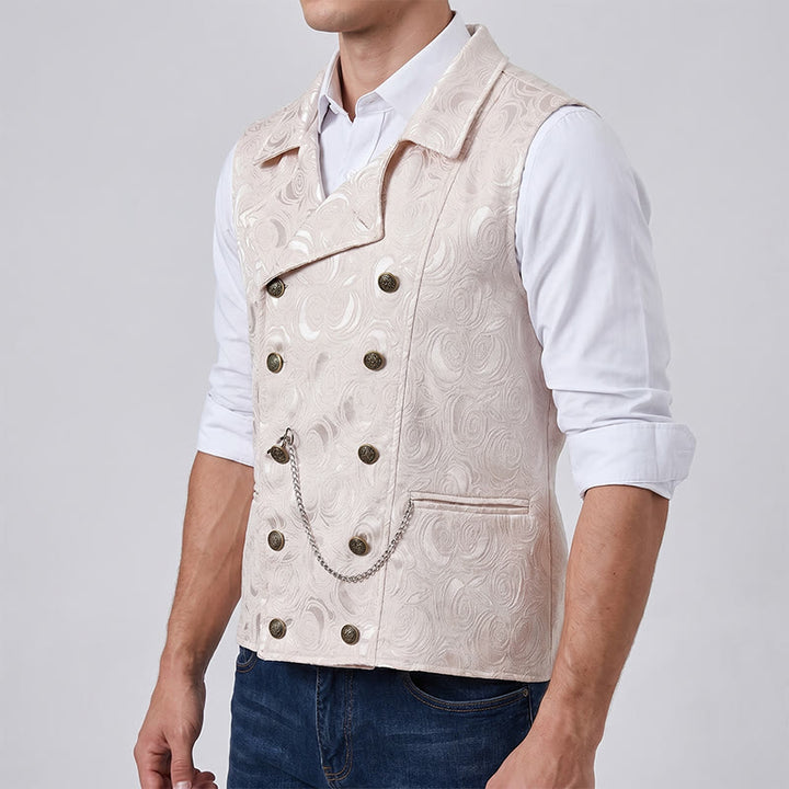 Herren-Anzugweste mit zweireihigem Blumenjacquardmuster und Kettendetail - image 2