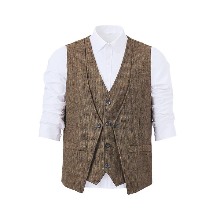 Elegante Herren-Anzugweste im Lagenlook mit Fischgrätmuster - Khaki - 2XL - image 13