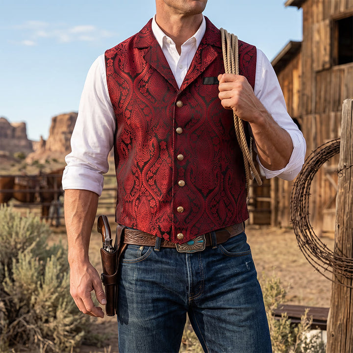 Viktorianisch inspirierte Anzugweste für Herren mit Paisley-Jacquardmuster und fallendem Revers. - Dunkelrot - 2XL - image 8
