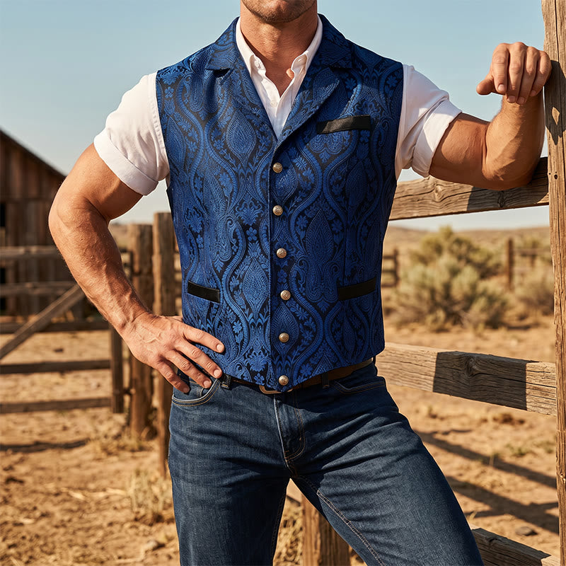 Viktorianisch inspirierte Anzugweste für Herren mit Paisley-Jacquardmuster und fallendem Revers. - Blau - 2XL - image 9