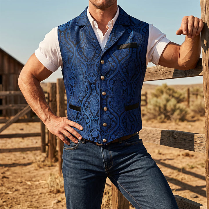 Viktorianisch inspirierte Anzugweste für Herren mit Paisley-Jacquardmuster und fallendem Revers. - Blau - 2XL - image 9