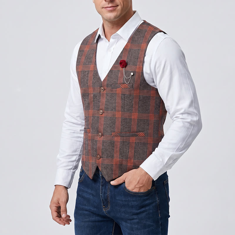Elegante karierte Ganzjahres-Anzugweste mit roter Rosenbrosche - image 1
