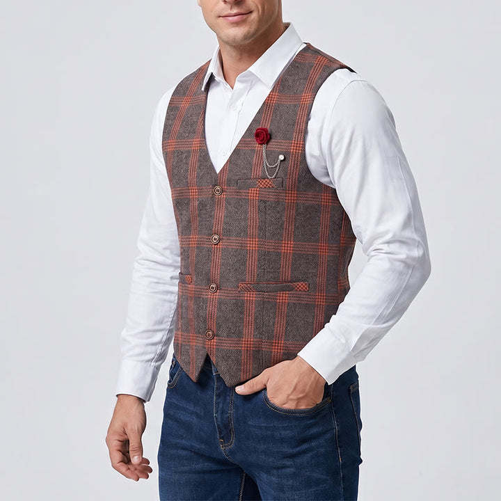 Elegante karierte Ganzjahres-Anzugweste mit roter Rosenbrosche - image 1