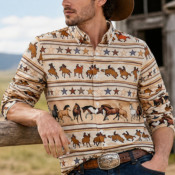 Westernhemd für Herren mit Streifenmuster, Pferd und Stern, Reitsportmotiv - Beige - 6XL - image 0
