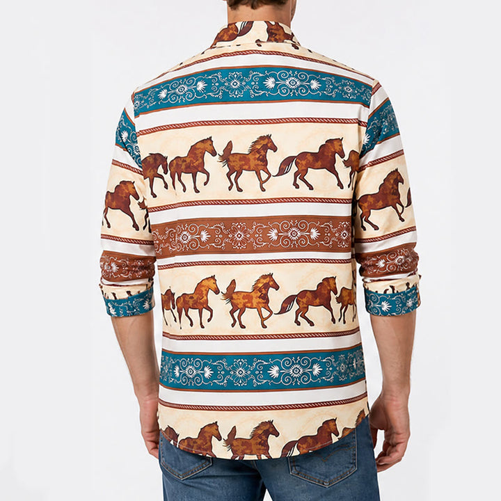 Herrenhemd im Retro-Western-Stil mit Pferde- und Zierbordürenmuster - image 2
