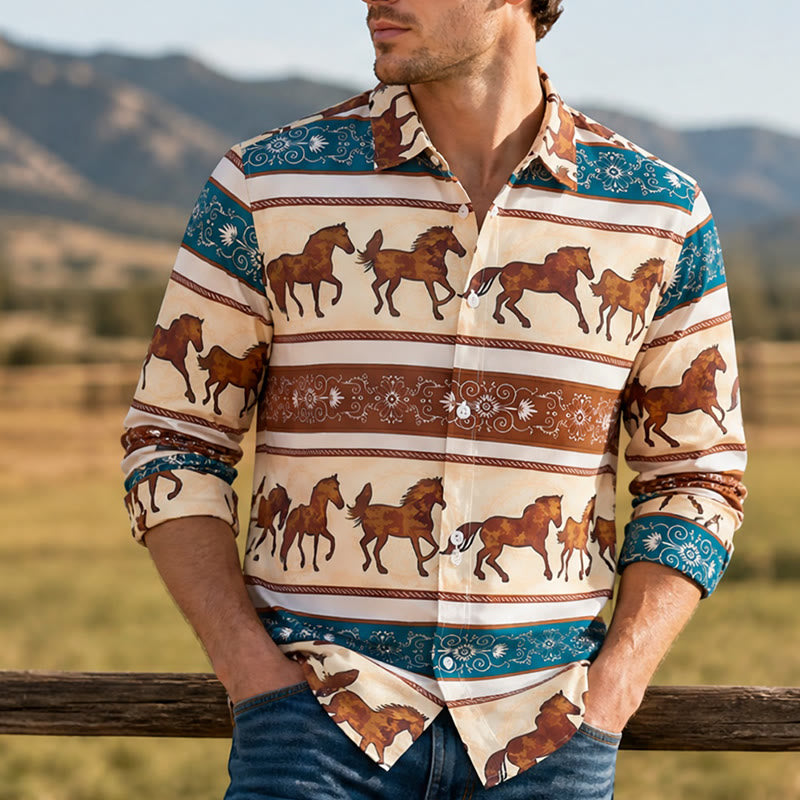 Herrenhemd im Retro-Western-Stil mit Pferde- und Zierbordürenmuster - Braun & Türkis - 6XL - image 0