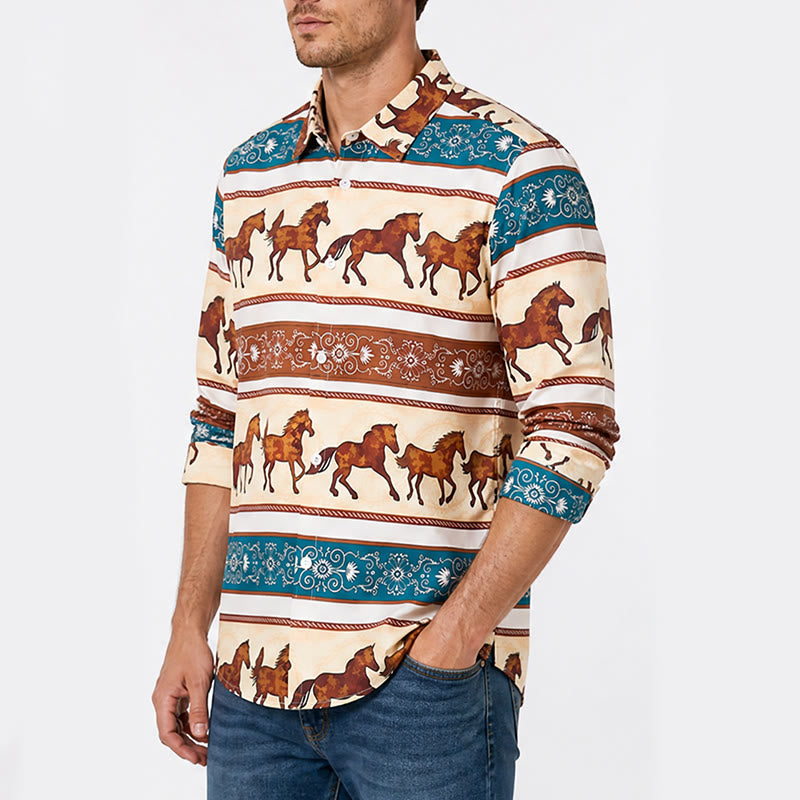 Herrenhemd im Retro-Western-Stil mit Pferde- und Zierbordürenmuster - image 3