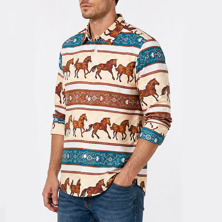 Herrenhemd im Retro-Western-Stil mit Pferde- und Zierbordürenmuster - image 3