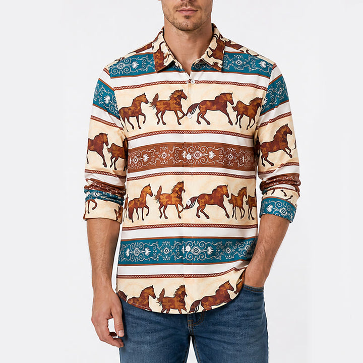 Herrenhemd im Retro-Western-Stil mit Pferde- und Zierbordürenmuster - image 1