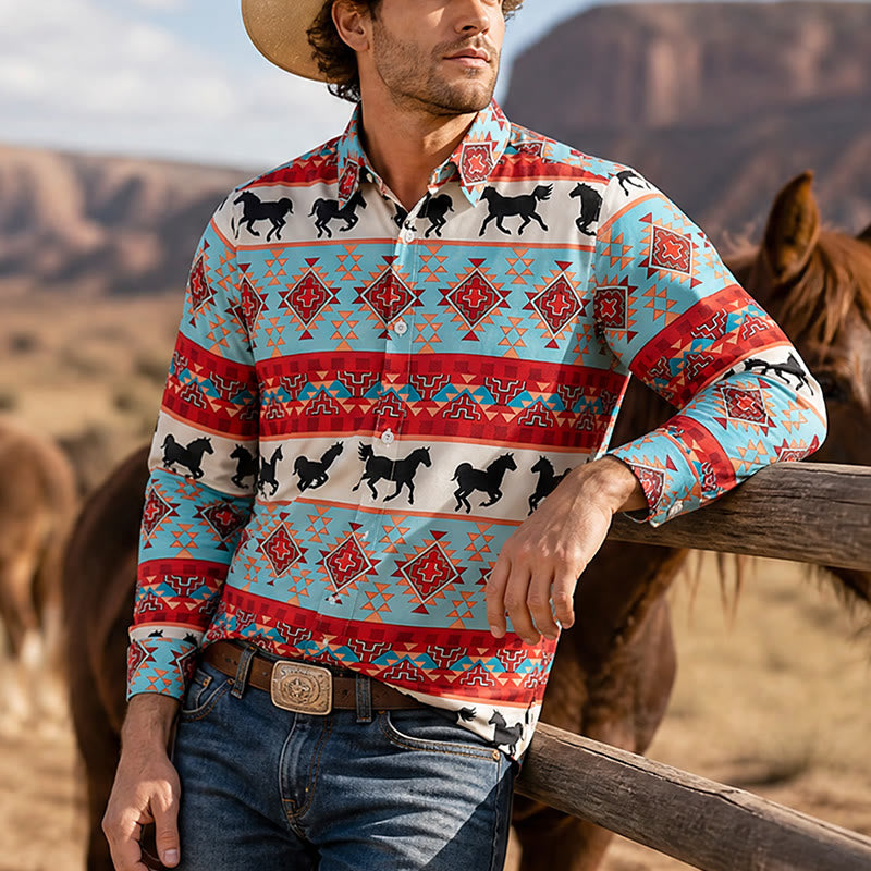 Herrenhemd mit türkisfarbenem und rotem Southwestern-Tribal-Pferdemuster - Türkis & Rot - 6XL - image 0