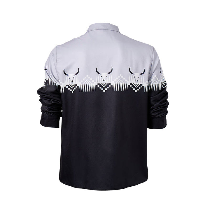 Klassisches Herrenhemd im Western-Stil mit Stierkopf-Print in Schwarz und Grau - image 10