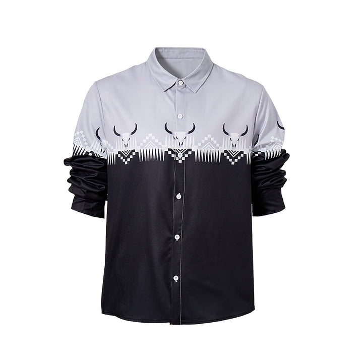 Klassisches Herrenhemd im Western-Stil mit Stierkopf-Print in Schwarz und Grau - image 9