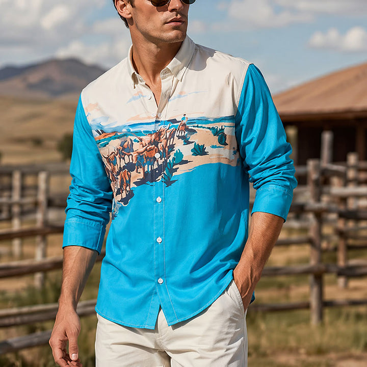 Herrenhemd mit Western-Viehtrieb-Landschaftsmuster in Türkis und Creme - Türkis & Creme - 5XL - image 0