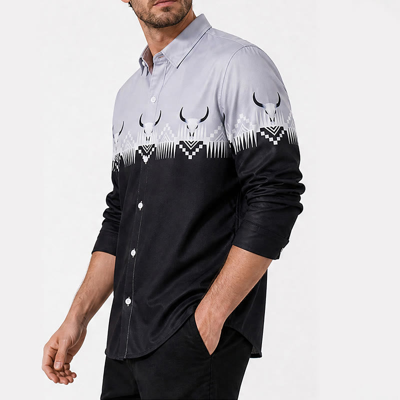Klassisches Herrenhemd im Western-Stil mit Stierkopf-Print in Schwarz und Grau - image 3