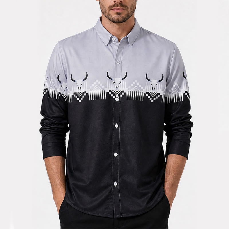 Klassisches Herrenhemd im Western-Stil mit Stierkopf-Print in Schwarz und Grau - image 1