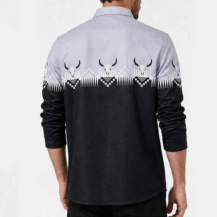 Klassisches Herrenhemd im Western-Stil mit Stierkopf-Print in Schwarz und Grau - image 2