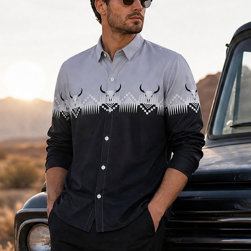 Klassisches Herrenhemd im Western-Stil mit Stierkopf-Print in Schwarz und Grau - Schwarz & Grau - 5XL - image 0