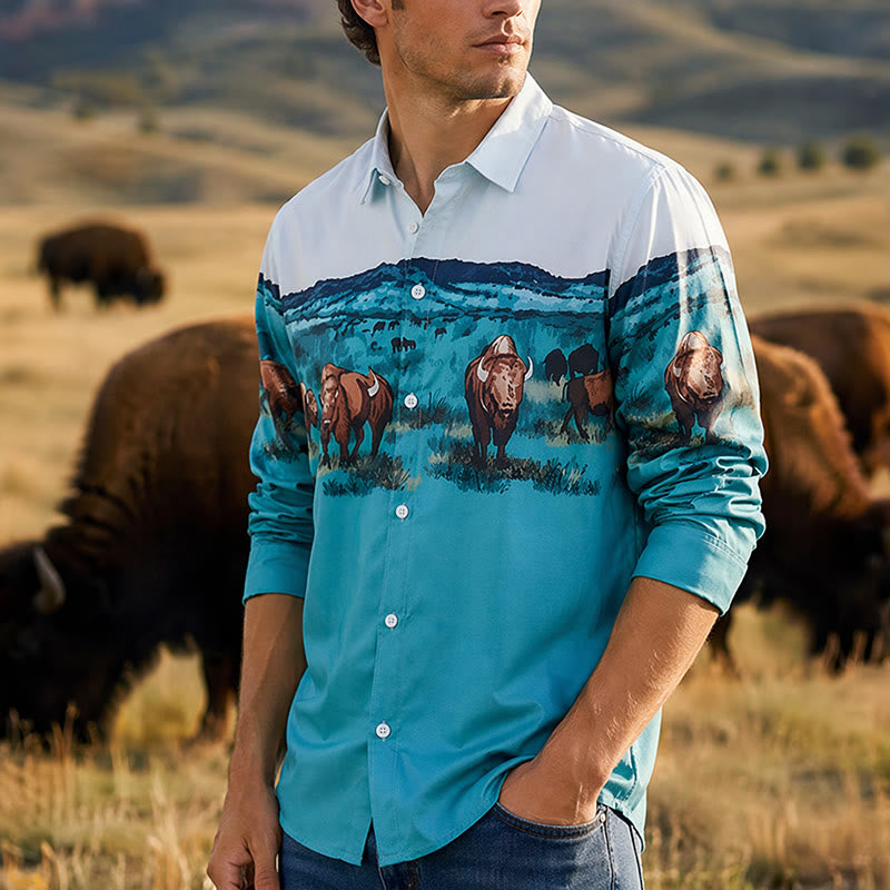 Herrenhemd mit Western-Prärie-Büffel-Motiv - Türkis & Hellblau - 5XL - image 0