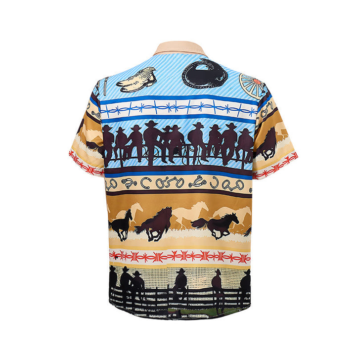 Herrenhemd mit Cowboy-Silhouette und Pferdeherdenmuster in Hellbraun und Blau - image 7