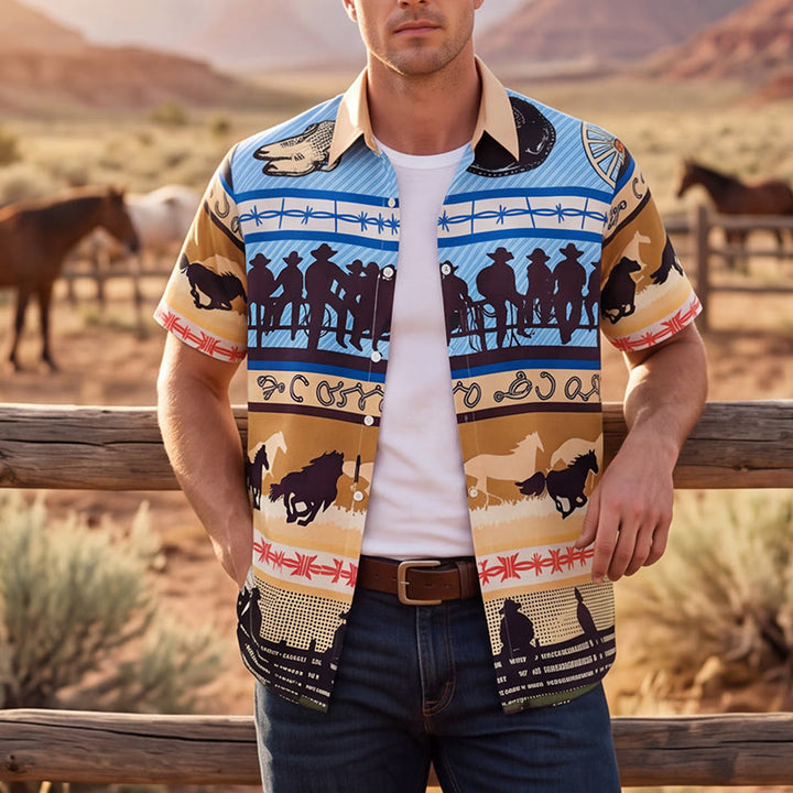 Herrenhemd mit Cowboy-Silhouette und Pferdeherdenmuster in Hellbraun und Blau - Hellbraun & Blau - 5XL - image 0