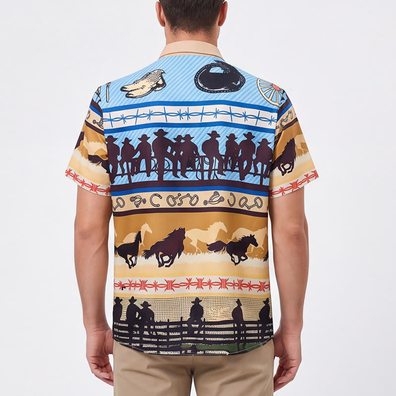 Herrenhemd mit Cowboy-Silhouette und Pferdeherdenmuster in Hellbraun und Blau - image 2