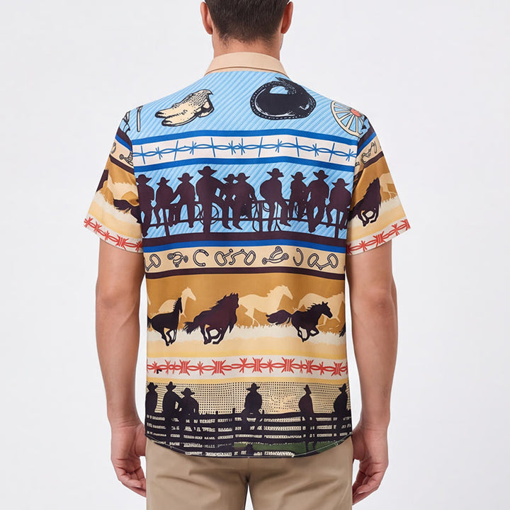 Herrenhemd mit Cowboy-Silhouette und Pferdeherdenmuster in Hellbraun und Blau - image 2
