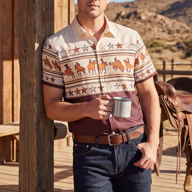 Herrenhemd mit Cowboy-Pferde-Silhouette in Braun und Creme - Braun & Creme - 3XL - image 0