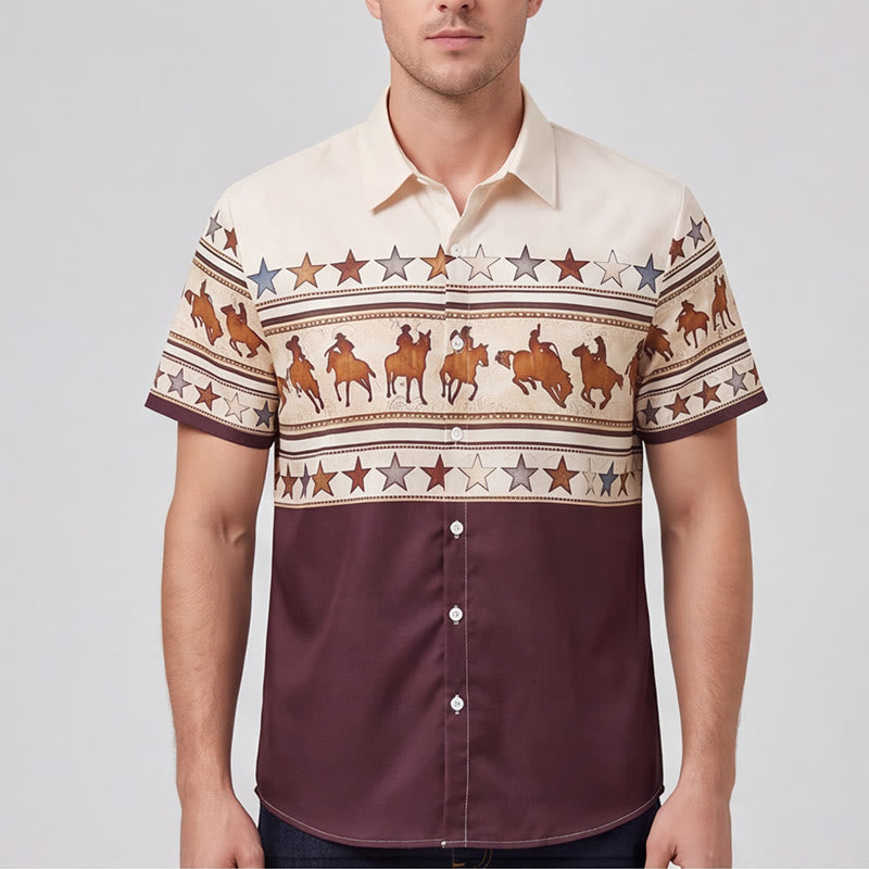 Herrenhemd mit Cowboy-Pferde-Silhouette in Braun und Creme - image 1