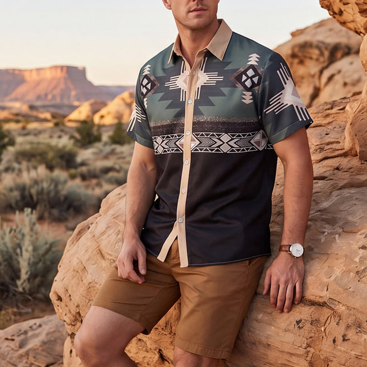 Herrenhemd mit zweifarbigem Blockmuster im Südwest-Stil mit aztekischem geometrischem Muster - Dunkelgrün & Schwarz - 5XL - image 0