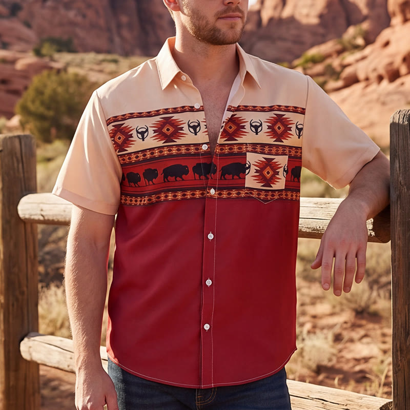 Herrenhemd mit beigem und rotem Western-Büffel-Aztekenmuster - Beige & Rot - 5XL - image 0