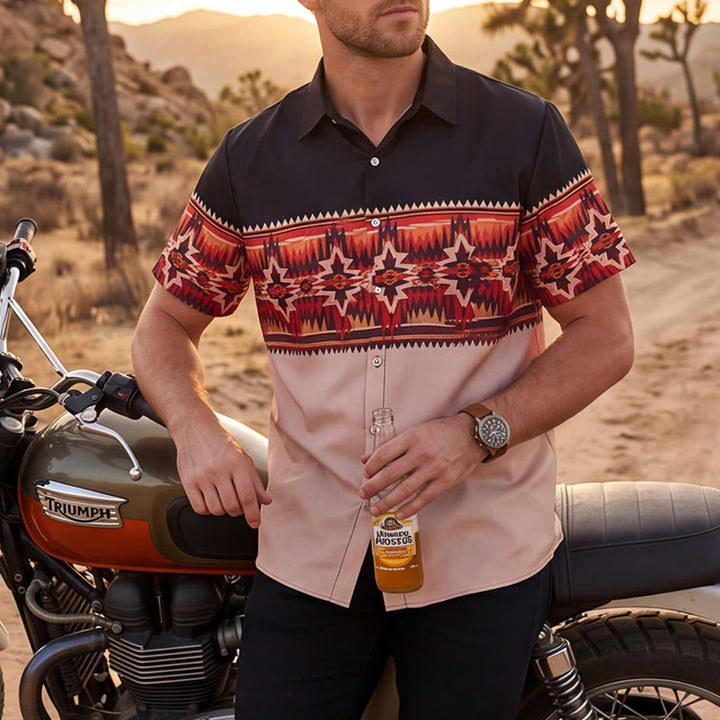 Herrenhemd im Western-Stil mit aztekischem Sternenmotiv in Schwarz und Beige - Schwarz & Beige - 6XL - image 0