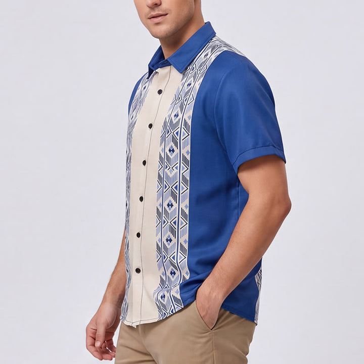 Herrenhemd in Blau und Beige mit ethnisch inspiriertem, vertikalem Aztekenmuster - image 3