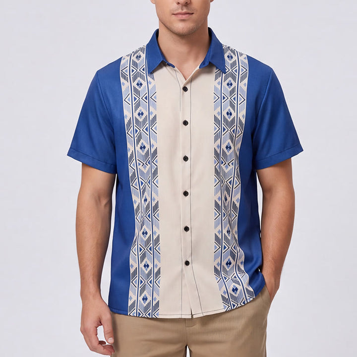Herrenhemd in Blau und Beige mit ethnisch inspiriertem, vertikalem Aztekenmuster - image 1