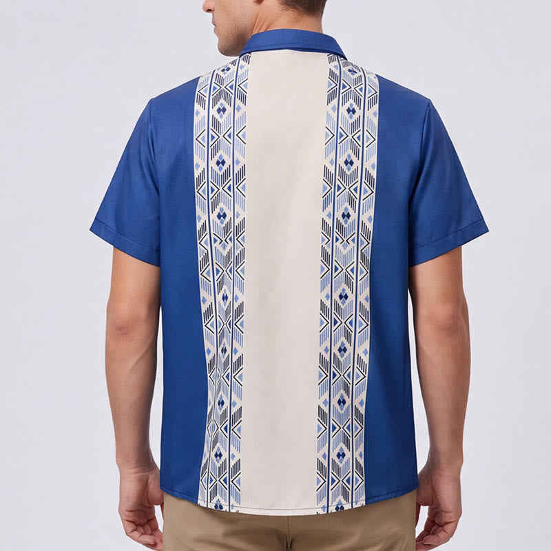 Herrenhemd in Blau und Beige mit ethnisch inspiriertem, vertikalem Aztekenmuster - image 2