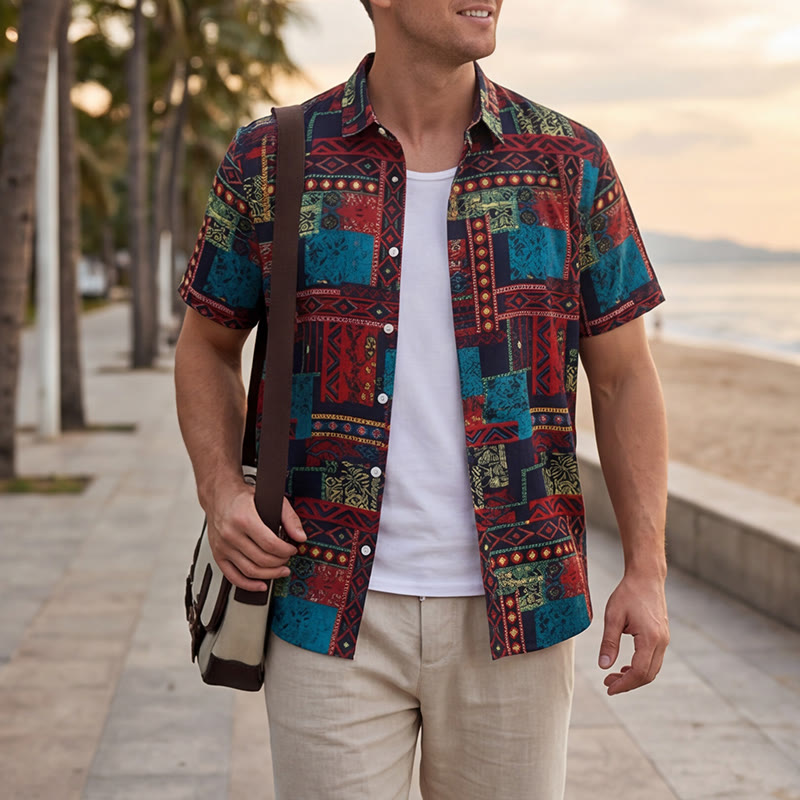 Ethnisch-bohemisches, mehrfarbiges Patchwork-Hemd - Mehrfarbig - 3XL - image 0