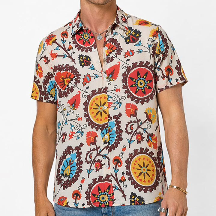 Retro-Boho-Hemd mit rotem und gelbem Mandala-Blumenmuster - image 1