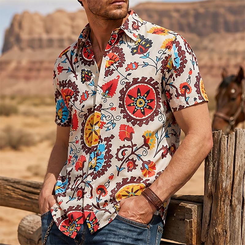 Retro-Boho-Hemd mit rotem und gelbem Mandala-Blumenmuster - Rot und Gelb - 3XL - image 0