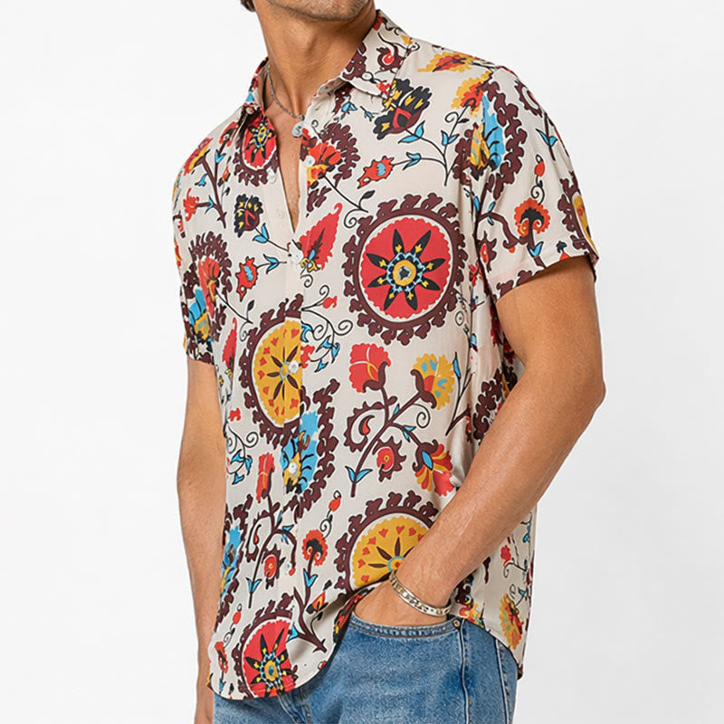 Retro-Boho-Hemd mit rotem und gelbem Mandala-Blumenmuster - image 3