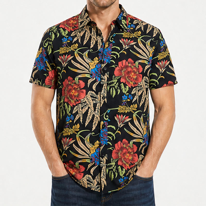 Shirt mit tropischem Retro- und exotischem Pflanzenmuster auf schwarzem Grund - image 1