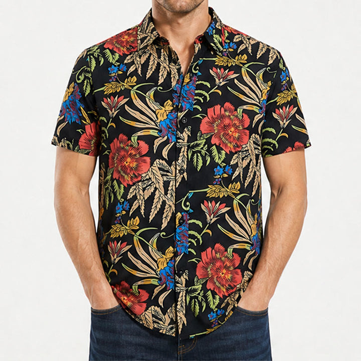 Shirt mit tropischem Retro- und exotischem Pflanzenmuster auf schwarzem Grund - image 1