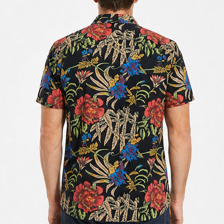 Shirt mit tropischem Retro- und exotischem Pflanzenmuster auf schwarzem Grund - image 2