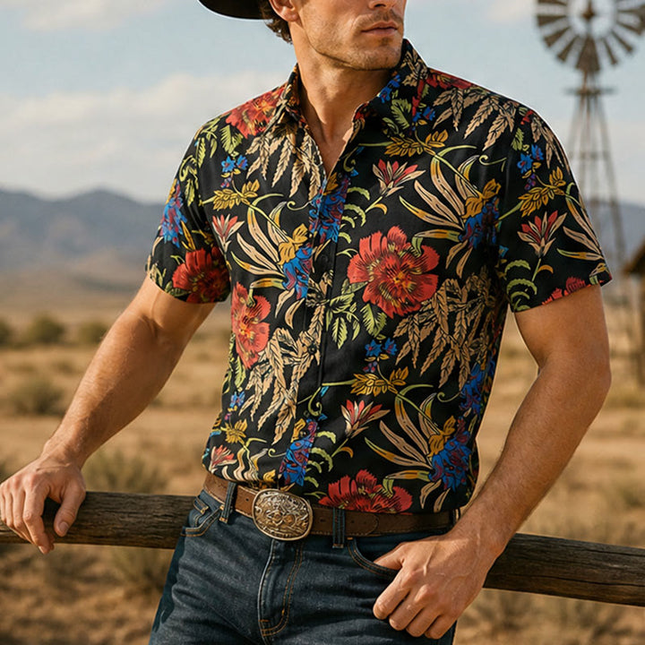 Shirt mit tropischem Retro- und exotischem Pflanzenmuster auf schwarzem Grund - Schwarz - 3XL - image 0