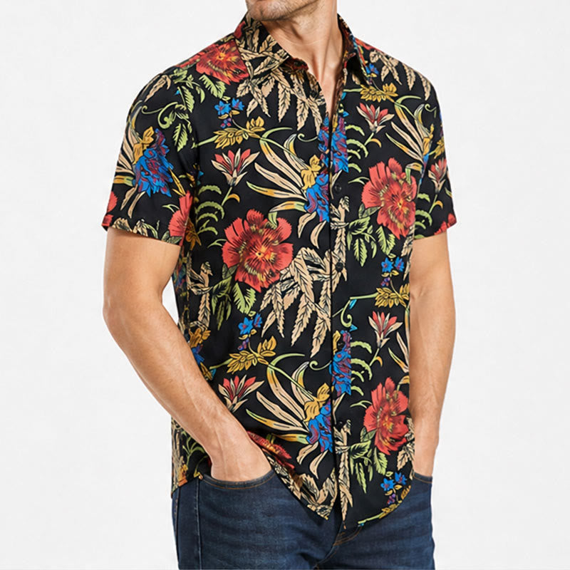 Shirt mit tropischem Retro- und exotischem Pflanzenmuster auf schwarzem Grund - image 3