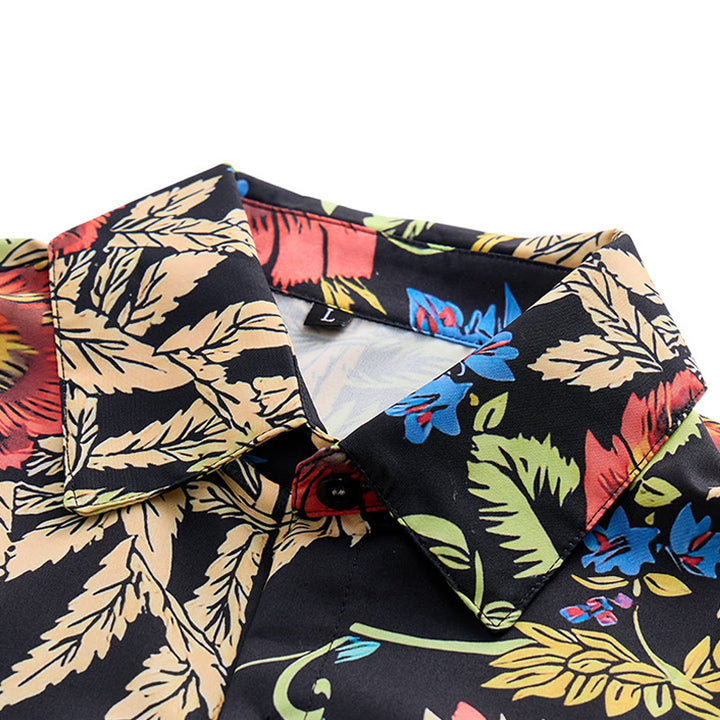 Shirt mit tropischem Retro- und exotischem Pflanzenmuster auf schwarzem Grund - image 4