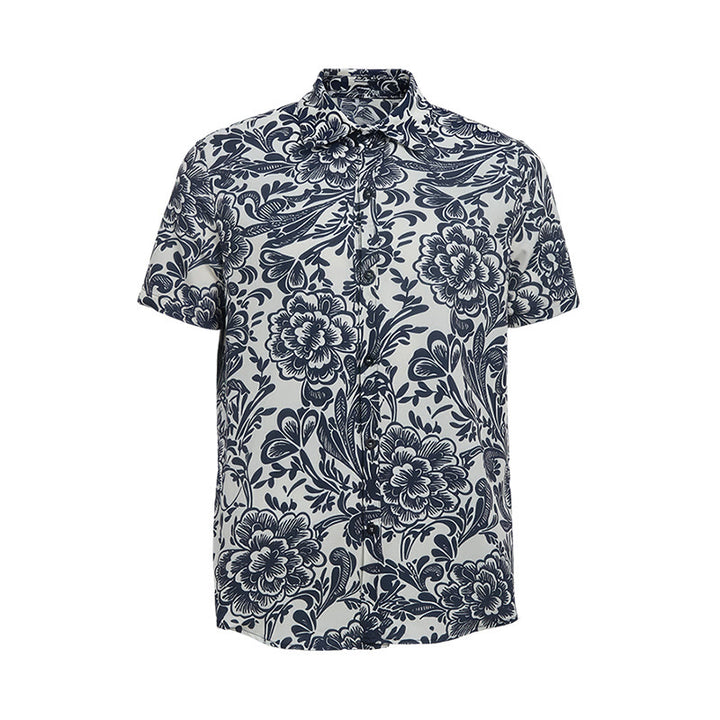 Minimalistisches marineblaues Sommerhemd mit Blumenmuster und Knopfleiste - image 9