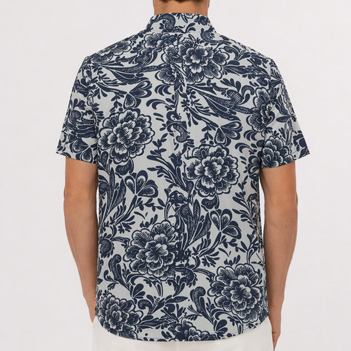 Minimalistisches marineblaues Sommerhemd mit Blumenmuster und Knopfleiste - image 2