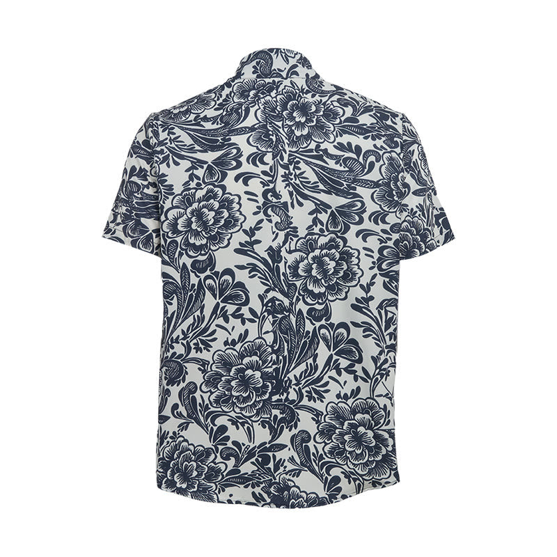 Minimalistisches marineblaues Sommerhemd mit Blumenmuster und Knopfleiste - image 10