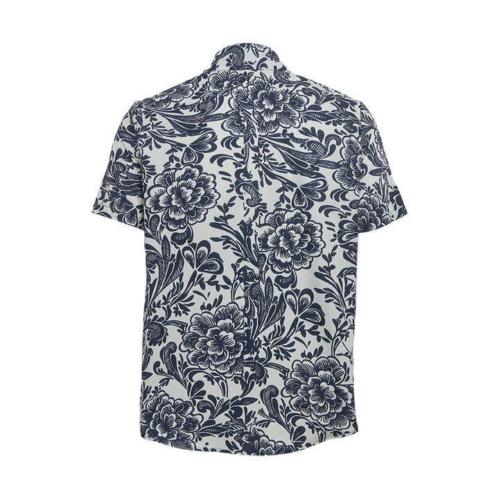 Minimalistisches marineblaues Sommerhemd mit Blumenmuster und Knopfleiste - image 10